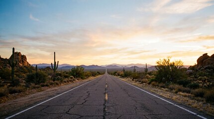 Obraz premium Desert Highway with Cacti and Rock Formations Symbolizing Solitude and Adventure, Travel, Exploration, Nature, Landscape Photography