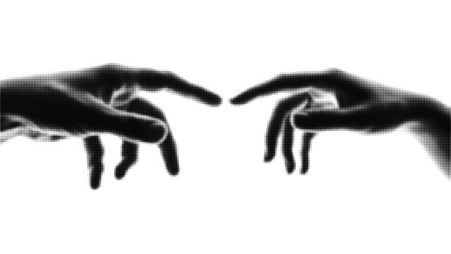 Halftone vector illustration of two hands reaching towards each other