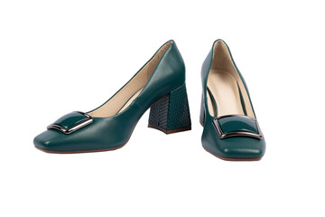 Stylish women's high-heeled shoes in dark teal with glossy buckle and textured block heel. A modern fashion accessory ideal for retail, catalog or lifestyle themes.