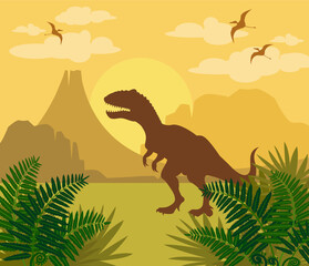 Prehistoric landscape with silhouette of dinosaurs - tyrannosaurus rex and pterodactyl, green ferns, mountains and volcano. Vector nature illustration. Image with extinct animals.