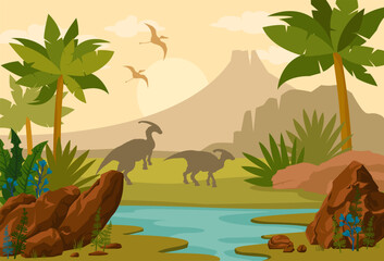 Prehistoric landscape with extinct plants, mountains and volcano, river and silhouette of dinosaurs - parasaurolophus and pterodactyl. Vector nature illustration. 