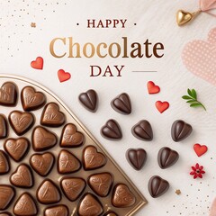 Happy chocolate day chocolate and coffee beans on red background