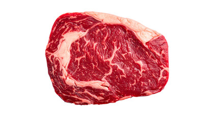 Obraz premium A raw, marbled ribeye steak, isolated on a black background, shows detailed texture