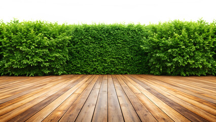 Wooden floor with green bushes on white background isolated on a transparent background deck hedge