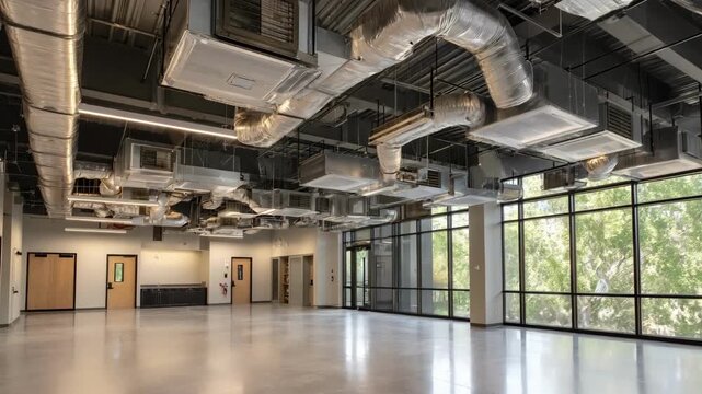 Interior medium shot of a smart building environment where automated HVAC and lighting systems respond intelligently to occupancy and ambient conditions.
