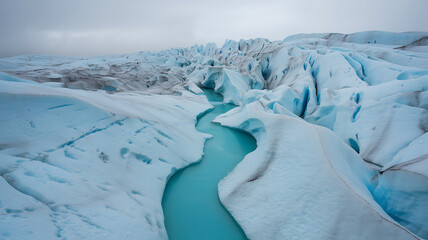 Obraz premium Aerial view of a vast, bright blue glacial river flowing through textured ice formations