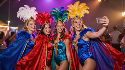 Naklejka premium Four women in colorful feathered carnival costumes take a selfie together at night with soft focus background.