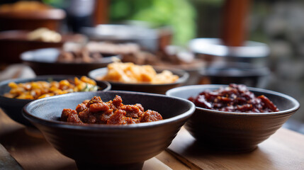 Traditional paste condiments in cultural bowls arrangement, culinary heritage with fermented seasoning display, authentic cuisine with organized condiment presentation, kitchen or