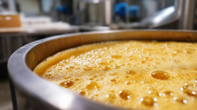 Close-up of air bubbles during beer fermentation process, carbon dioxide production from yeast metabolic activity, active brewing with visible gas formation bubbling, beverage