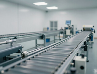 Fototapeta premium Modern industrial automation is featured by a clean roller conveyor system stretching into the background of a factory.