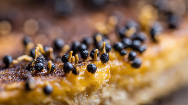 Ultra macro photo of fungi growth on bread surface, conidia and mycelia development with microscopic magnification, food spoilage or fermentation with fungal colonization,