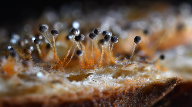 Ultra macro photo of fungi growth on bread surface, conidia and mycelia development with microscopic magnification, food spoilage or fermentation with fungal colonization,