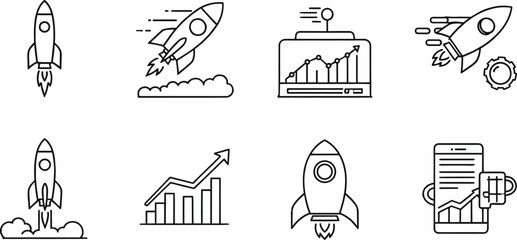 Business Startup and Growth Icon Set Featuring Rocket Launch Growth Charts Financial Data Analysis and Project Success Symbols for Professional Digital Presentations