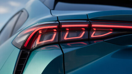 Fototapeta premium Sleek modern red LED tail lights on a teal luxury SUV body showing futuristic automotive design and high tech lighting elements for premium transportation industry projects