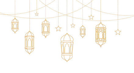 Set of golden hanging mosque lanterns with intricate patterns isolated on transparent background