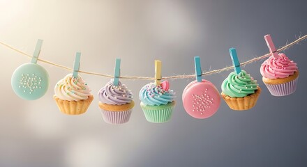 Pastel cupcakes and macaron hanging on a clothesline