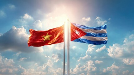 Flags of Vietnam and Cuba waving together under a bright sky