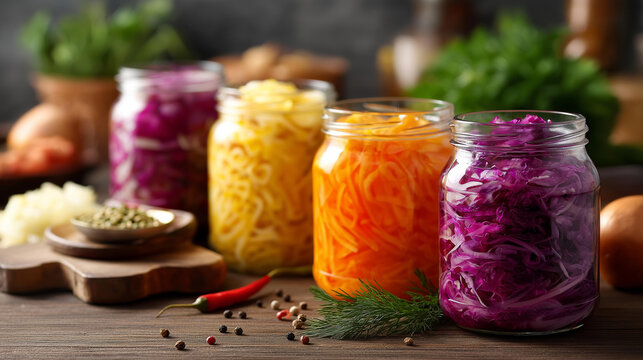 Rustic kitchen scene with homemade fermented vegetables jars, preserved foods including various pickled vegetables displayed, wooden countertop with fresh ingredients and spices