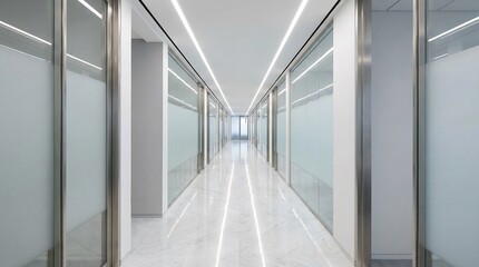 Obraz premium Long empty office corridor with glass walls, frosted panels, and bright linear LED ceiling lights, modern corporate interior