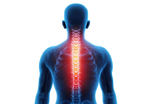 Back pain medical icon of a blue human figure seen from behind with a glowing red spine area, highlighted vertebrae region indicating discomfort and symptoms isolated on transparent background.