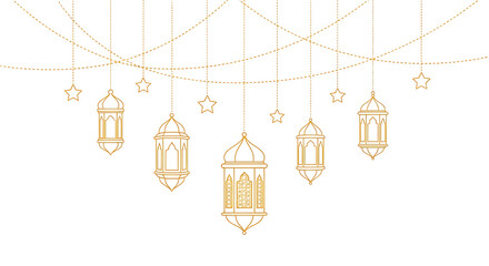 Set of five elegant golden hanging lanterns with intricate designs isolated on transparent background