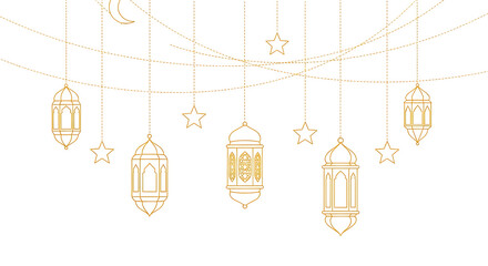 Set of golden hanging lanterns and mosque lamps with intricate patterns isolated on transparent background