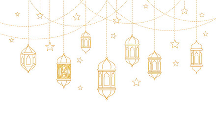 Golden hanging lanterns and mosque lamps collection isolated on transparent background