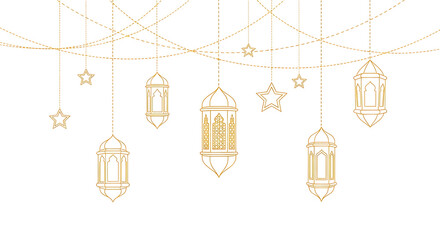 Set of golden hanging lanterns with intricate patterns and decorative elements isolated on transparent background