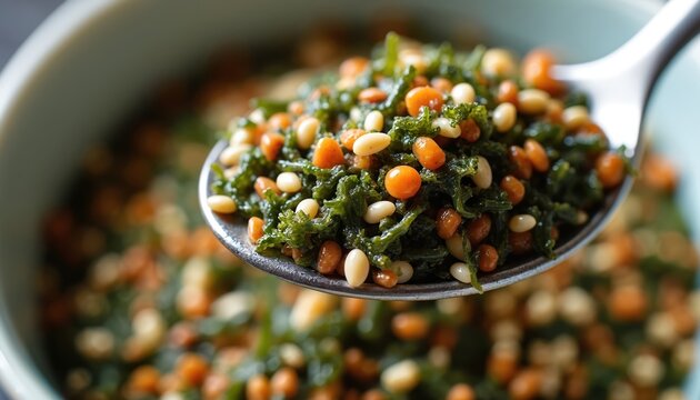 Spoonful of Japanese furikake seasoning with seaweed, sesame, and tiny orange bits. Mix adds flavor to rice, salads, snacks. Natural, healthy, savory, colorful food ingredient.