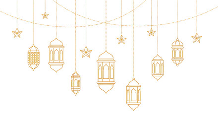 Set of golden hanging lanterns and decorative stars isolated on transparent background