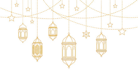 Set of golden hanging lanterns with intricate patterns and tassels isolated on transparent background