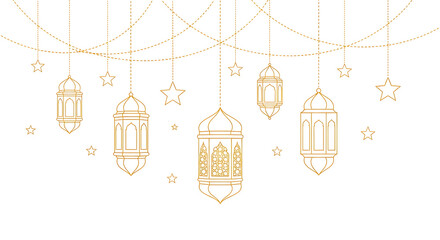 Set of elegant golden lanterns and hanging ornaments with intricate Islamic geometric patterns isolated on transparent background