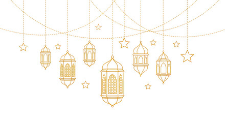 Golden lanterns and stars hanging decorations set isolated on transparent background