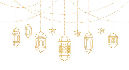 Set of six golden hanging lanterns with intricate designs and glowing lights isolated on transparent background