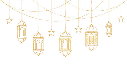 Set of six elegant golden lanterns with intricate patterns hanging isolated on transparent background