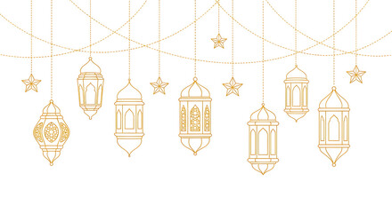 Gold decorative hanging lanterns and birdcages set isolated on transparent background