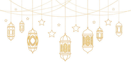 Set of golden hanging birdcages with stars and crescent moon charms isolated on transparent background
