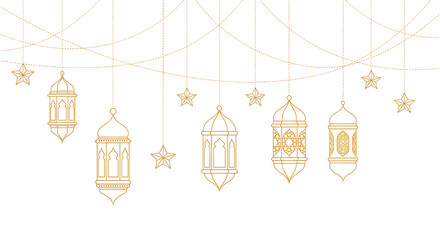 Set of golden hanging lanterns with intricate patterns and decorations isolated on transparent background