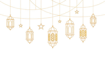 Set of elegant golden lanterns and hanging lights with intricate designs isolated on transparent background