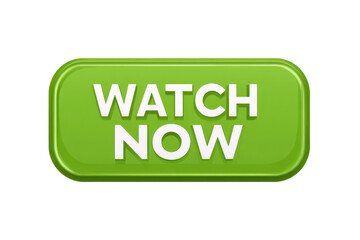 Obraz premium Green WATCH NOW button with a rounded rectangle shape, beveled edges and subtle shadow, bold centered text for a clean clickable UI element isolated on transparent background.