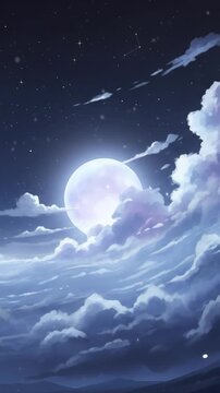 Cloudy night sky with moon shining down over dark mountains and bright stars twinkling in the background.  Loop animation	