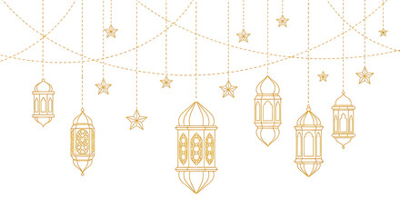 Gold lanterns and hanging decorations set with intricate patterns isolated on transparent background