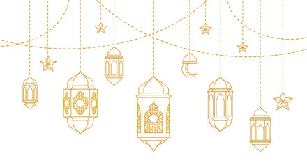 Golden lanterns and mosque symbols set hanging in row isolated on transparent background