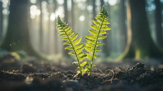 New Life: Fern Frond Unfurling in Sunny Forest