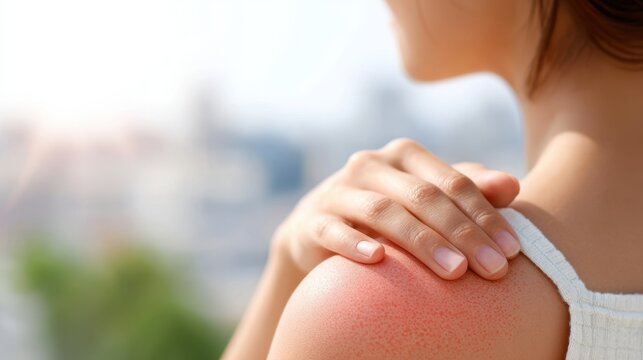Woman with sunburn on shoulder gently touching skin, showcasing the effects of sun exposure in a bright outdoor setting with blurred background