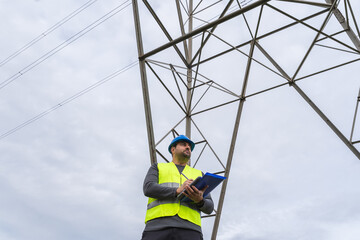 Electric engineer inspecting a high voltage transmission tower with a clipboard