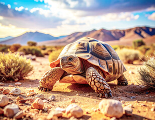 Desert tortoise moving slowly across the desert, sunny day, closeup. AI