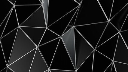 A dark, futuristic background with a low-poly geometric pattern. Features a complex mesh of black and gray triangles, ideal for technology and digital concepts. 3d rendering illustration not AI