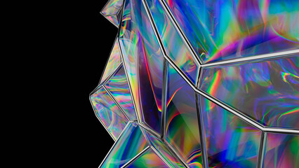 3D abstract futuristic color surface on a black background with a rainbow abstract diamond. 3d rendering illustration not AI