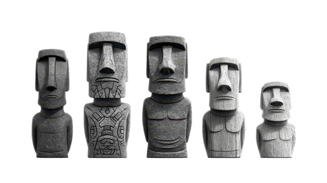 Lineup of grayscale Moai statues with varied heights and simplified carved details, arranged as a collectible set of iconic monolithic figures isolated on transparent background.